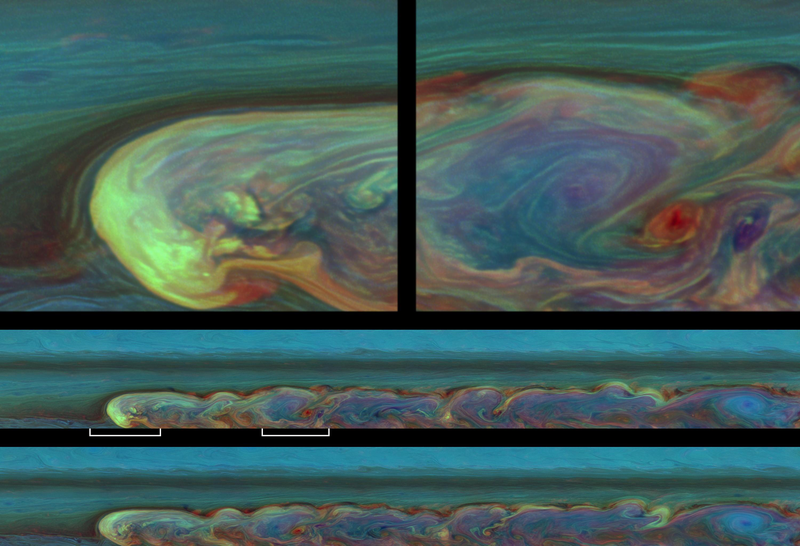 Illustration for article titled A storm circles Saturn so fast, it catches up with itself
